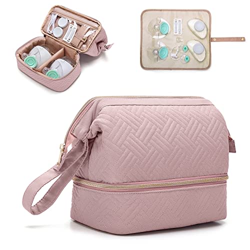 Fasrom Wearable Breast Pump Bag Compatible with Momcozy, Medela and Elvie Pumps, Double Layer Pump Carrying Case with Waterproof Mat and Insulated Pockets for Working Moms, Pink (Bag Only)