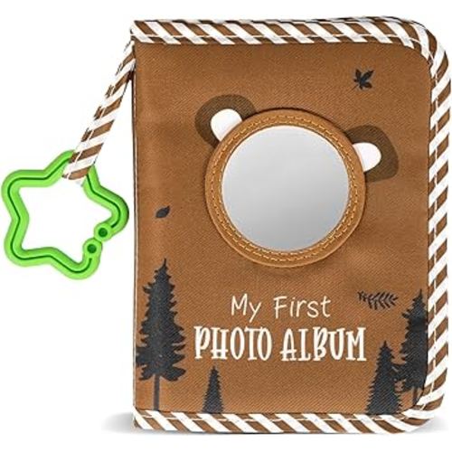 Baby's My First Family Album Soft Photo Cloth Book Brown Bear My First Book of Photos with Mirror Forest Bear Baby Memory Album Gift Holds 4x6 Pictures