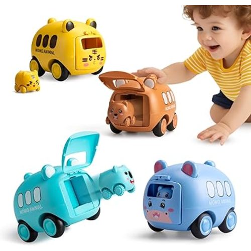 Push and Go Cars for Toddlers 1-3, 4 Pack Launcher Zoo Animal Car Toys for 1 2 3 4 Year Old Boys Girls, Infant Inertia Drive Vehicles Set for Kid Baby First Birthday Christmas Easter Gifts
