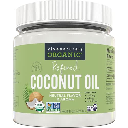 Viva Naturals Refined Coconut Oil - Expeller-Pressed Organic Coconut Oil for Cooking and Baking with Neutral Flavor & Aroma - USDA Organic Certified Hair Oil and Skin Moisturizer, 16 Fl Oz