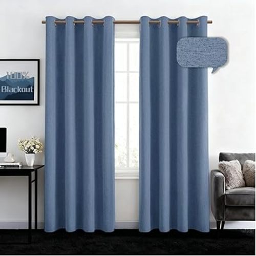 HOMEIDEAS Stone Blue 100% Blackout Curtains 2 Panels Faux Linen Room Darkening Curtains 52 X 84 Inches Thermal Insulated Grommet Window Drapes with Liner for Living Room, Bedroom