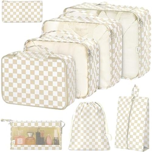 8 Set Packing Cubes for Suitcases,Packing Cube with Shoe, Cosmetics, Clothing, and Accessories Bags Packing Cubes for Travel Luggage Organizer Women Men(Khaki Checkered)
