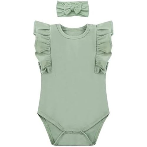 O2 BABY Organic Cotton Onesie Baby Girl Ruffle Romper Sleeveless Bodysuit Jumpsuit with Headband Outfit Set for Infant