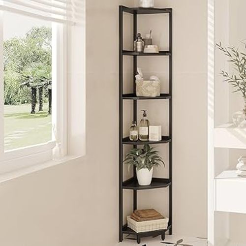 Corner Shelf Stand, Corner Bookshelf, Storage Standing Shelf Unit with Metal Frame, Plant Stand, Corner Bookcase for Living Room, Home Office, Bedroom, 6-Tier Black CS06006B