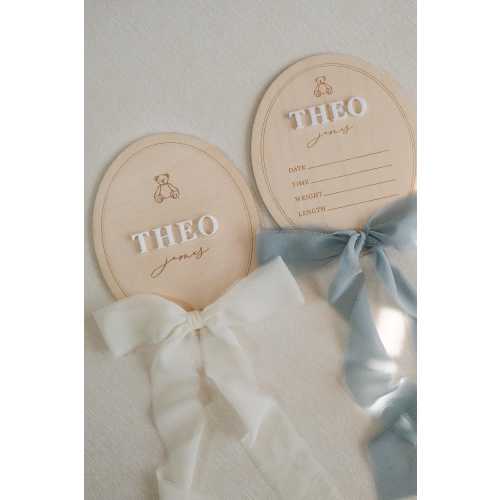 Newborn Birth Stat Sign: Teddy Bear Wooden Name Announcement Keepsake with Bow for Hospital