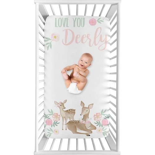 Sweet Jojo Designs Woodland Deer Floral Girl Fitted Crib Sheet Baby or Toddler Bed Nursery Photo Op - Blush Pink, Mint Green and White Boho Watercolor Love You Deerly