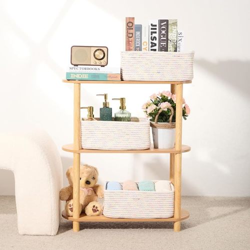 Shelf Storage Baskets for Organizing | Closet Organizer Bins | Small Toy Basket | Woven Rope Baskets | Cube Decorative Box | Shallow Basket | 13×8.5×5.1” | 3 Packs Rainbow
