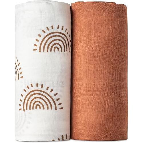 2 Pack Muslin Swaddle Blankets (Terracotta), 100% Organic Cotton, Large 47 x 43, Newborn Recieving Blanket,Gender Nuetral Color Patterns, Burping Cloth, Nursing Cover.