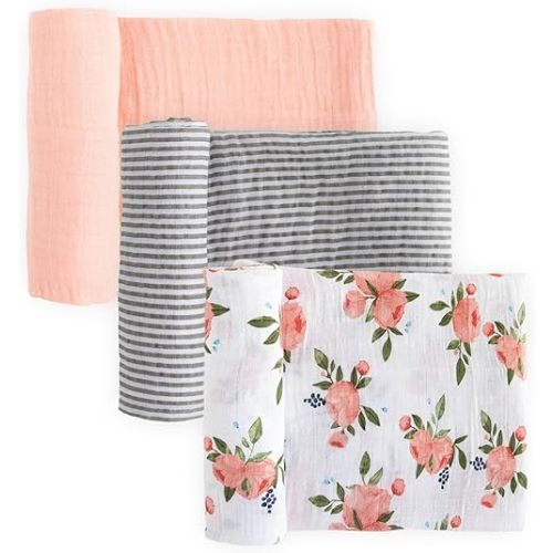 Little Unicorn Premium Muslin Swaddle Blanket 3 Pack | for swaddling, Play, Nursing & More | Giftable Set of 3 (Watercolor Roses)