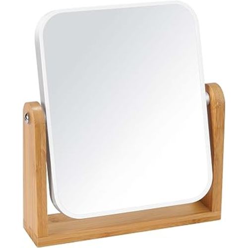 LFOYOU Vanity Makeup Mirror with Natural Bamboo Stand, Double Sided 360 Degree Swivel Magnifying Mirror, Tabletop Magnified Make up Mirror for Bathroom or Bedroom 8 Inch