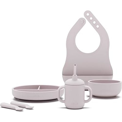 Lalo First Bites Silicone Baby Feeding Set - Baby Led Weaning Supplies - Non-Toxic Silicone - Includes 1 Bib, 2 Spoons, Training Cup, Suction Plate and Bowl - 6 Pieces - Lavender