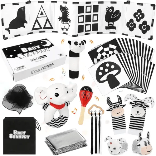 Dreamon 32 Pcs Black and White High Contrast Baby Sensory Toys for Newborn 0-3 Months Brain Development - Montessori Infant Tummy Time Toys 0-6-12 Months Boy Girl Gifts