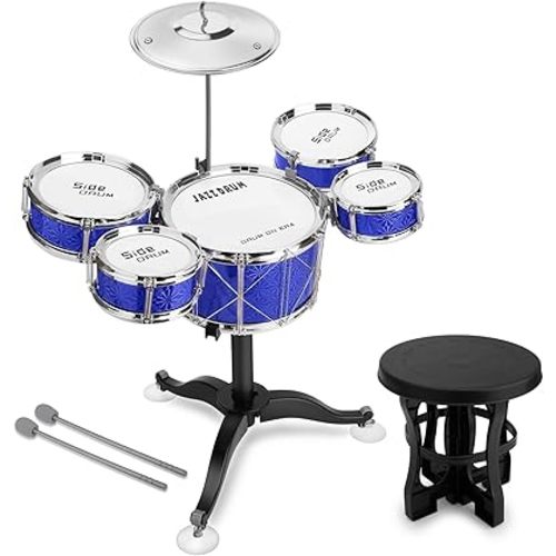 Toddler Drum Set Kids Jazz Drum Kit 8 Piece - Educational Percussion Musical Instruments Drum Toy Playset Christmas Birthday Gift for Boys Girls, Blue