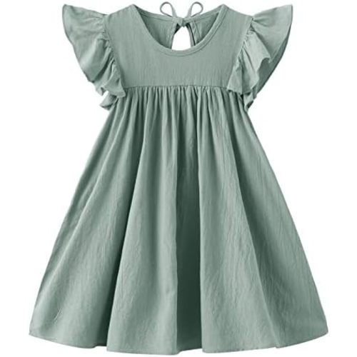 Toddler Girls Ruffle Sleeve Cotton Linen Dress Sleeveless Baby Girl Back Tie Dress Kid Casual Sundress