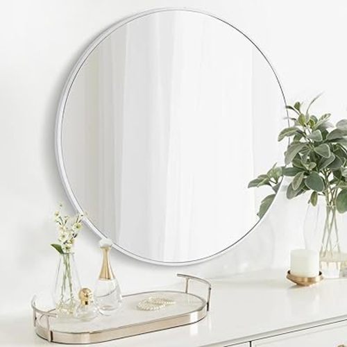 CULER Round White Bathroom 30 Inch Mirror,Circle Wall Modern Mirror for Bedroom,Hanging Vanity Tempered Glass Mirror for Entryway or Living Room