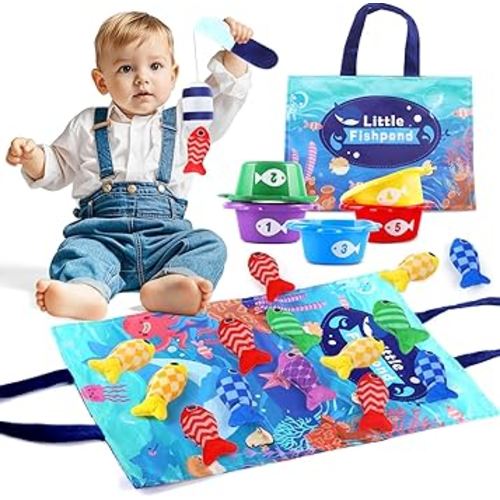 Montessori Fish Toys, 22 PCS Cloth Fishing Game for Toddlers 6 to 12 Months Girls Boys, Baby's Sensory Toy with Stacking Cups, Number Counting, Color Sorting, Fishing Game for Boy Girl Birthday Gift