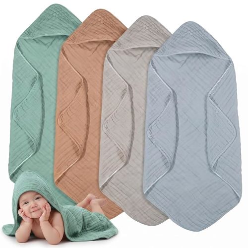 4 Pcs Baby Towels Cotton Muslin Hooded Baby Towels for Newborn Infant Toddler Large 32 x 32 Inch Soft Absorbent Blankets Bath Essentials Registry Gifts for Girl Boy (Green,Gray,Rust,Blue)