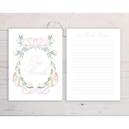 Baby Girl Monthly Milestone Cards, Stork Greenery Wreath Crest Milestone Cards