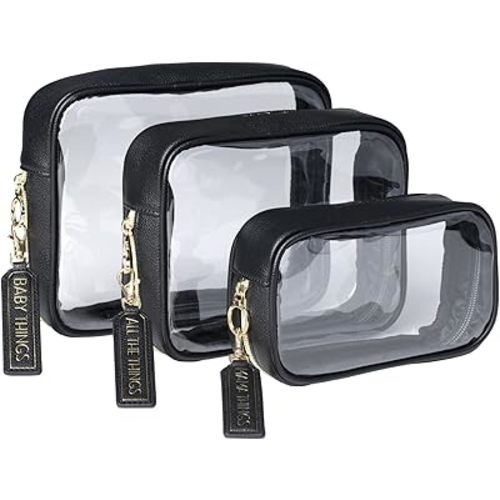 Lucky Love Diaper Bag Organizing Pouches | Set of 3 Including Diaper Clutch | Dry Wet Bag (Black Clear Trio Pouches w/Removable Tags)