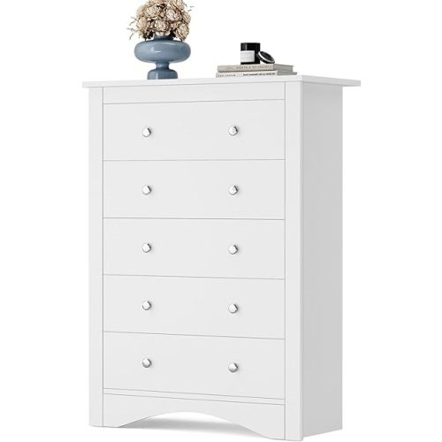 YESHOMY Tall Dresser for Bedroom with 5 Drawers, Modern Chest of Drawers, Wooden Dressers, TV Stand for Living Room,Closet, Hallway (White)