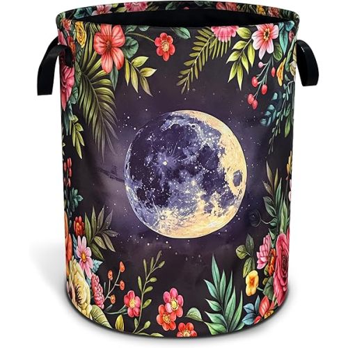 Moon Flowers Laundry Basket Beautiful Night Oxford Cloth Laundry Hamper With Handle Foldable Portable Clothes Storage Basket 18.9 X 16.5 Inch Storage Bag For Laundry Room/Bathroom/Bedroom/Dormitories