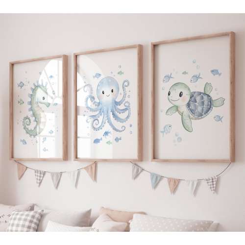 Under the Sea Nursery Wall Art – Seahorse Octopus Turtle Prints – Ocean Baby Room Decor – Sea Animal Watercolor Art for Kids