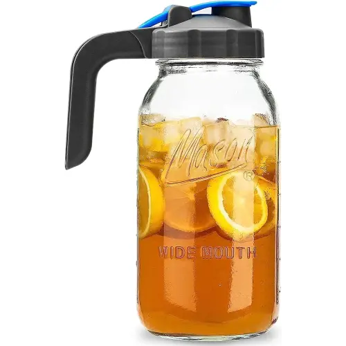 Half Gallon Mason Jar Pitcher Large Wide Mouth 64 oz with Lid - 2 Quart for Iced Tea, Sun Lemonade, Coffee, Airtight, Set of 1