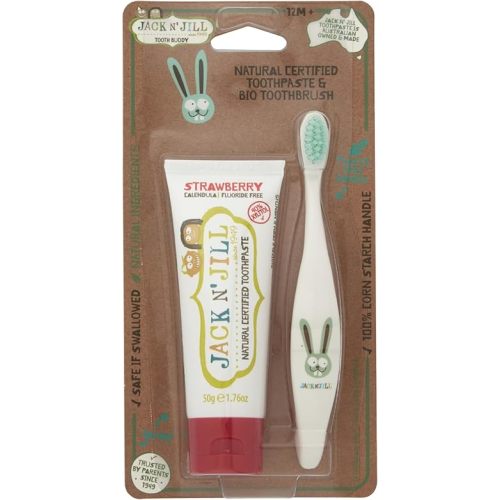 Jack N' Jill Toddler Toothbrush and Toothpaste Combo - Baby Toothbrush 12 Months and Up, 1 Year Old Toothbrush and Toothpaste Set, Fluoride Free - 1 Kids Toothbrush and 1 Strawberry Toothpaste