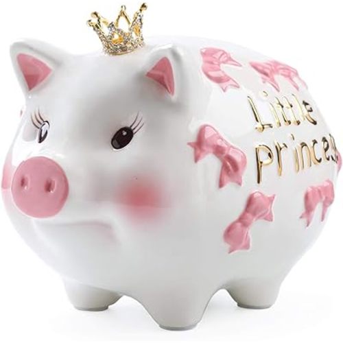 Ceramic Piggy Bank，Coin Bank ，Crown Princess Money Box for Girl (Pink 8.3" L)