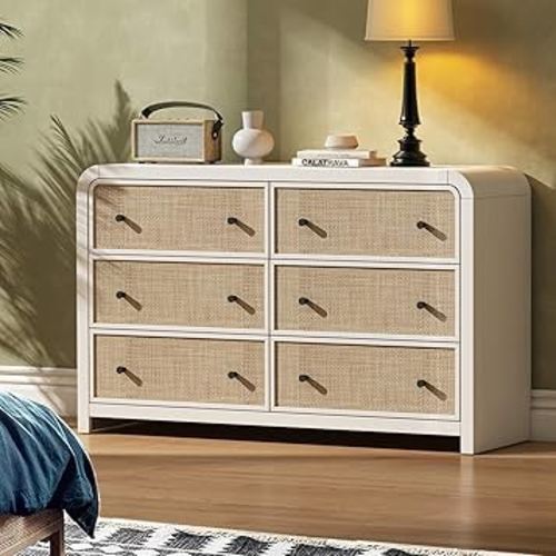 Oak&Sparrow 6 Drawer Dresser for Bedroom, 49'' Rattan Dresser with Ample Storage, Boho Chest of Drawers, Thickened Curved Profile Design, Oak Dressers for Bedroom, Living Room