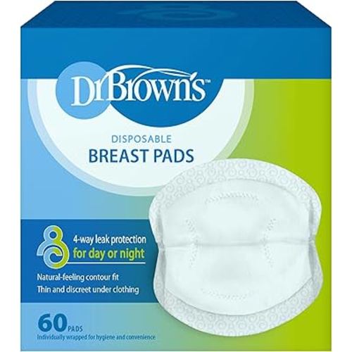 Dr. Brown's Disposable Breast Pads for Leakproof Protection, Absorbent and Discreet Nursing Pads with Adhesive Strips for Day or Night, 60 Count (Pack of 1)