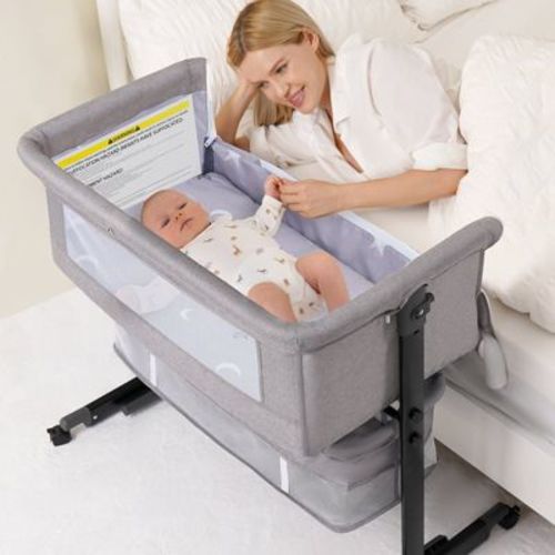 Kmaier Baby Bassinet Foldable Portable Bedside Crib,Storage Basket Breathable Mesh,Grey