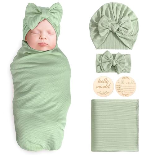 Newborn Receiving Blanket with Bow Hat Headband Wooden Card Set Newborns Toddler Baby Boy Girl Nursery Swaddle Wrap