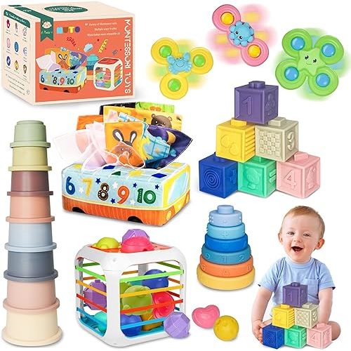 MutoToy ® Baby Toys 6-12 Months, 6 in 1 Montessori Toys, 42PCS Baby Sensory Toys with Stacking Cups, Suction Cup Spinner Toys, Baby Tissue Box Toy, Shape Sorter, Stacking Rings, Baby Blocks