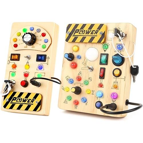 Joyreal Montessori Busy Board Wooden Sensory Toys for Toddler with LED Light Up Switch, Baby Fidget Board Travel Toys for 18+ Months, Boys Girls Birthday