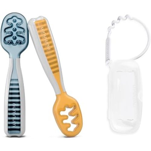 NumNum Baby Spoons Set, Pre-Spoon GOOtensils for Kids Aged 6+ Months - First Stage, Baby Led Weaning (BLW) Spoon Blue/Orange + Travel Case for Pre-Spoon GOOtensils for Kids Aged 6+ Months