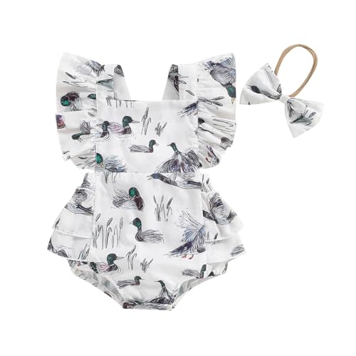 Gueuusu Duck Hunting Baby Girl Clothes Mallard Duck Ruffles Flutter Sleeve Romper Bubble Bodysuit Headband Cute Summer Outfit
