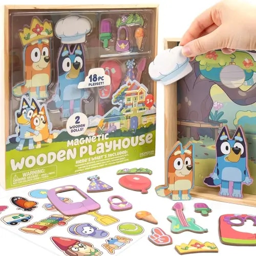Horizon Group USA Bluey Magnetic Wooden Playhouse, 18 Piece Activity Set, includes 2 Wooden Dolls House, Great Toys for Kids, Fun Birthday Party Activity, House Playset