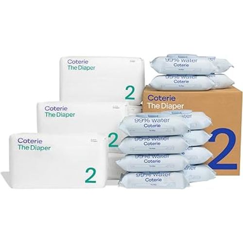 Coterie Baby Wipes + Diapers Kit, Size 2 Diapers (186 Count) & 12 Pack (672 Count) Baby Wipes with 99% Water, Plant Based Materials, Hypoallergenic for Sensitive Skin