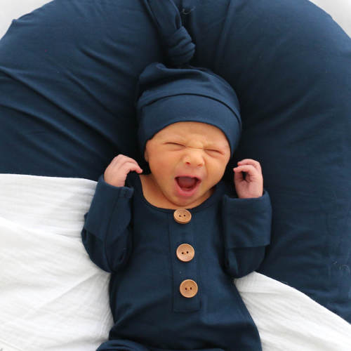 Solid Dark Navy Bamboo Baby Knot Gown & Hat*
