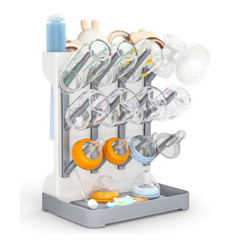 GoMaihe Baby Bottle Drying Rack: Space Saving Vertical Bottle Dryer Holder - Baby Accessories Storage Stand Organize Brushes Pacifiers on Countertop - BPA-Free - Gray