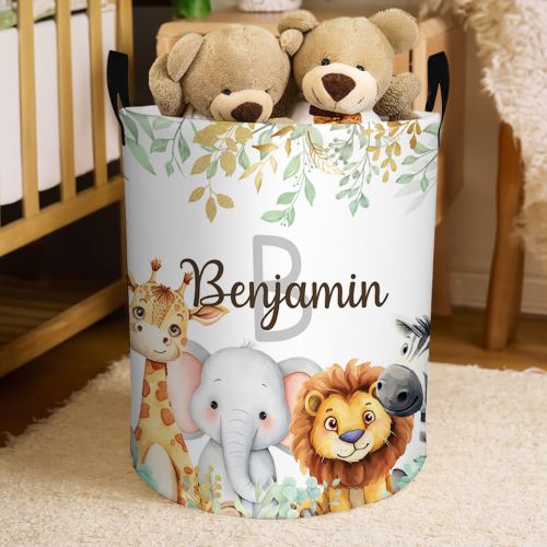 Personalized Cute Jungle Animals Large Capacity Initial Name Waterproof Laundry Storage Basket with Handle Birthday Gift for Boys Girls - CALLIE