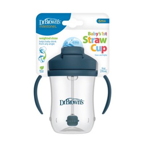 Dr. Brown's Milestones Baby's First Straw Cup, Training Cup with Weighted Straw, 9oz/270ml, Dark Blue, 6m+