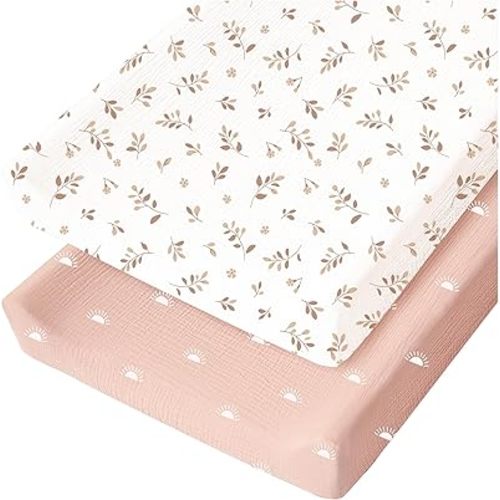 Konssy Muslin Changing Pad Cover for Baby Girls Boys, 100% Cotton Fitted Diaper Chang Table Covers, Soft Breathable Changing Pad Sheets, 2 Pack (Pink Sun,Brown Leaf)