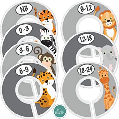 Baby Closet Size Dividers - 7X Safari Nursery Closet Dividers for Baby Clothes - Elephant Giraffe Zebra Lion Monkey Nursery Decor - Baby Closet Dividers for Boy or Girl - [Safari] [Grey/Gray]