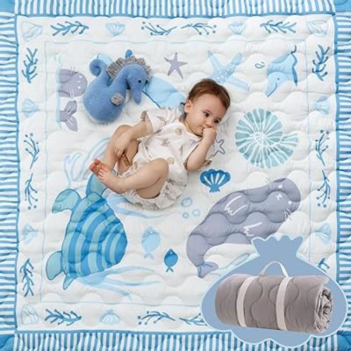Momcozy Baby Play Mat for Floor, 50x50 Thickened Playpen Mat, Playmate for Baby Tummy Time, Waterproof & Non-Slip, Foldable Outdoor Mat with Carrying Handle, Ocean Theam