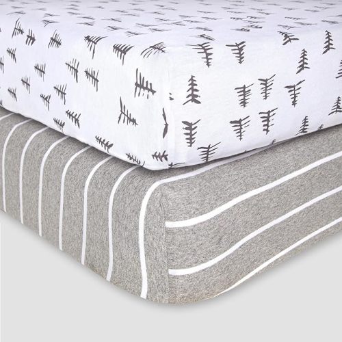 Burts Bees Baby Fitted Crib Sheet Organic Cotton BEESNUG - Pine Forest and Stripe Prints, Fits Unisex Standard Bed and Toddler Mattress, Infant Essentials, 28 x 52 x 5.5 Inch 2-Packs - Pine Forest/Stripe 2-pk