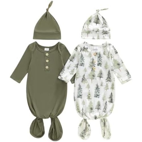 woshilaocai 2 Pack Baby Boy Girl Gown Sleeper Newborn Knotted Nightgown and Hat Set Infant Sleepwear