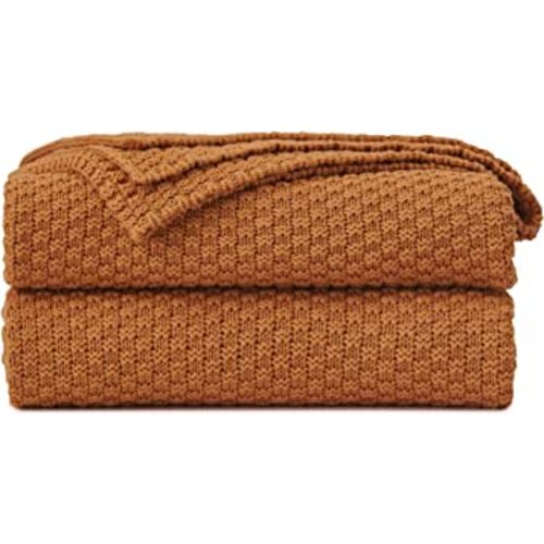 Longhui bedding Burnt Orange Knitted Throw Blanket for Couch, Soft, Cozy Machine Washable 100% Cotton Sofa Knit Blankets, Heavy 3.0lb Weight, 51 x 63 Inches, Laundry Bag Included