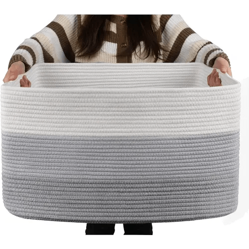 OIAHOMY Large Cotton Rope Basket, Rectangle Woven Baskets for Storage, Nursery Blanket Basket Living Room, Toy Basket With Handle, Large Baskets for Organizing-22”x17”x12”-Gradient Grey